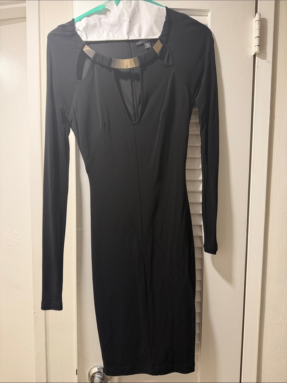 bebe Black Long-Sleeve Mini Dress with Gold Neck Bar